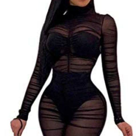 Women OnePiece Outfits Mesh Sheer Bodycon Jumpsuit - Picture 2 of 10